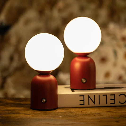 Nordic Iron Shadeless Tri-Color LED Touch Switch Round White Rechargeable Li-Ion Battery Touch Switch Stepless Dimming Table Lamps /Type C Port USB Charging/Colors-Red/Pink/Yellow/Black