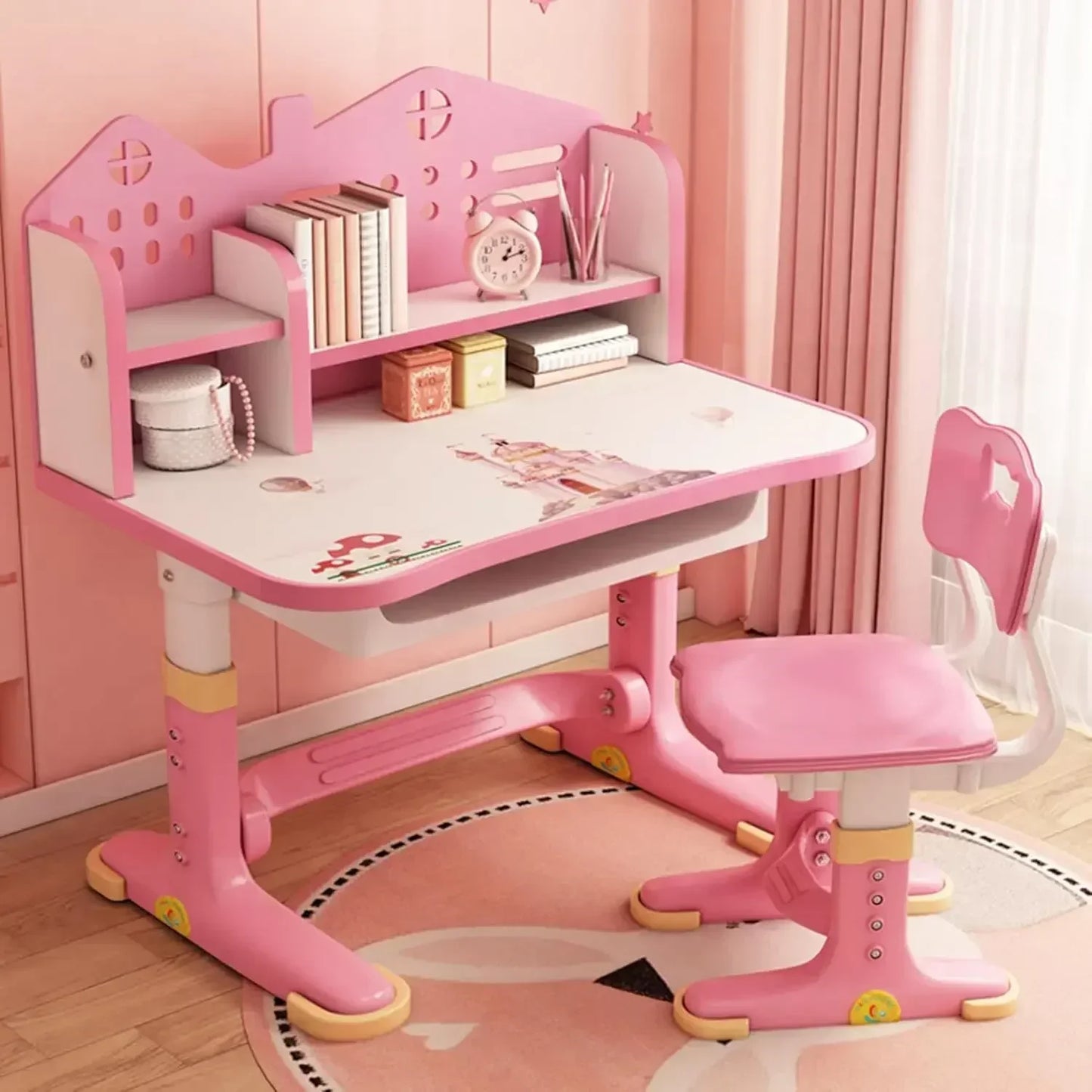 No-EN-Name-Null  Modern Kids Waterproof Wear-Scratch-Resistant Surface White-Pink Trim Rectangle Shaped Adjustable Shelves Steel Metal Frame Round Curved Corners Study Desk-Chair Sets/Storage Options /Drawers/Colors-Pink/Blue/White/Yellow