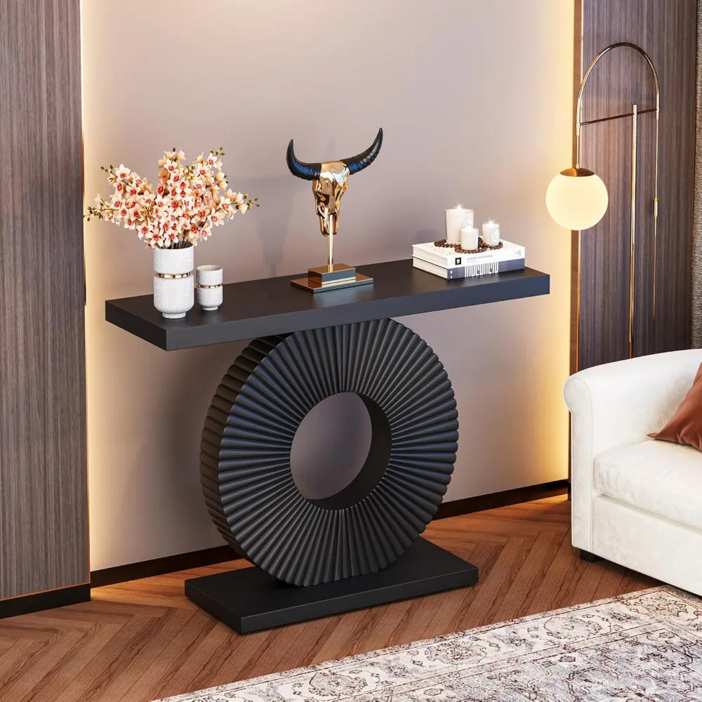 TONGYUE Modern Black Thick Wood Top Narrow Long Entryway Geometric Round Flower Face Shaped Base Curved Lines Accents Console Tables/Colors-Black/White/Gray