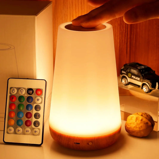 Portable Round White-Black Bedside LED 13 Color Changing Touch RGB Remote Control Dimmable Night Light Sensing Bottom Table Lamps/ON-Off USB Rechargeable