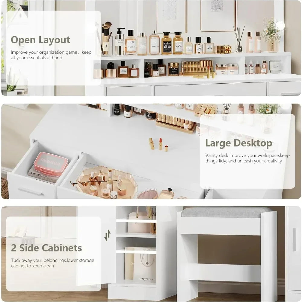 NULL Women White Modern 10 Built-In LED Lights Bulbs Large Mirror Makeup Three Drawers Wood Vanity Desks/2 Side Cabinets/ Long Storage Shelf /Soft Cushioned Stool/Colors-Black/White/Gray