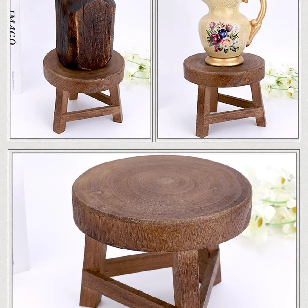 No-EN-Name-Null Countryside Old Antique Backless Smooth Round Shaped Small Hard Flat Seat Top-Brown Solid Tung Wood Triangle Shaped-3 Legs Base Frame Plant Supports