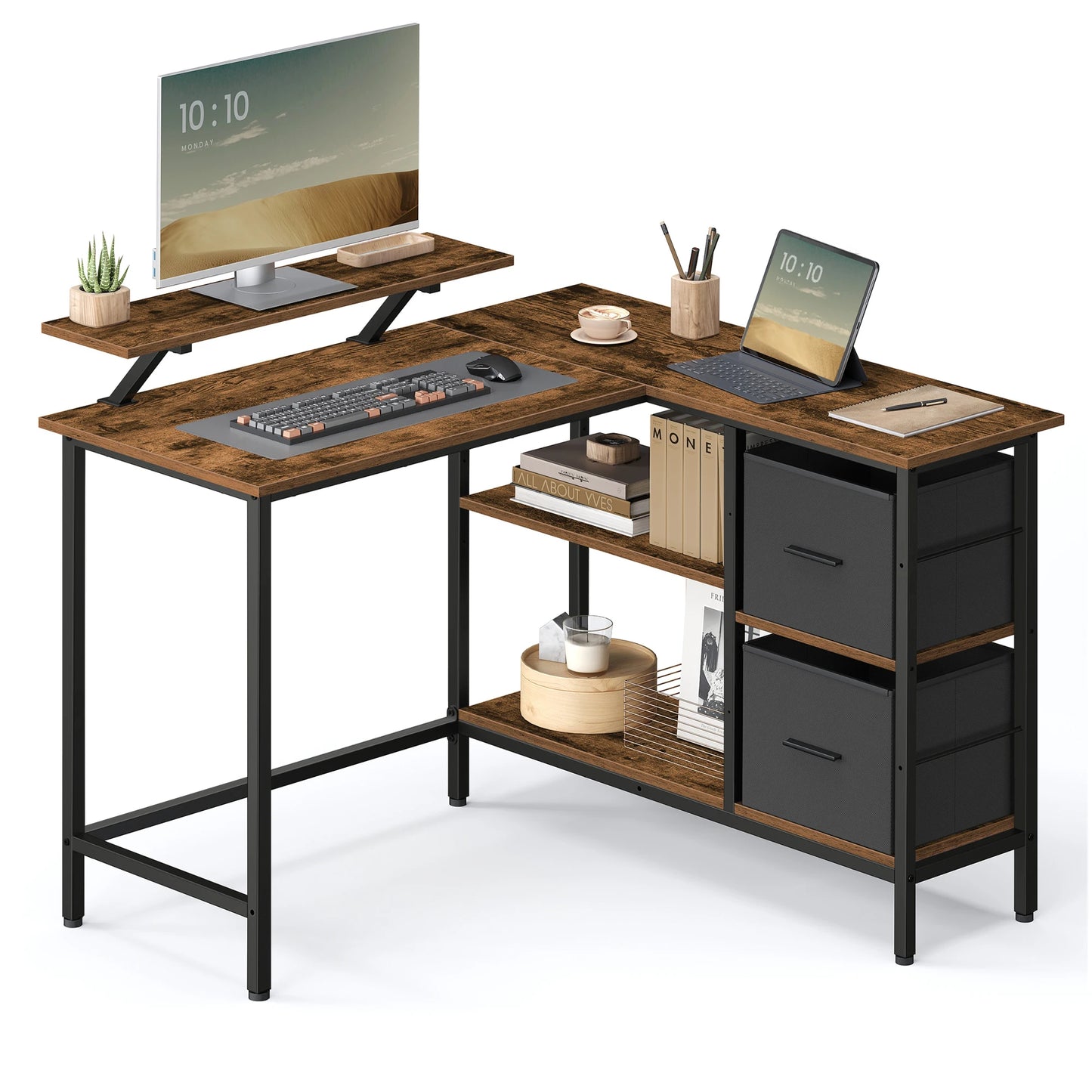 VASAGLE Modern L-Shaped Rustic Brown Wood Top-Reversible Drawers Design Black Steel Metal Frame Two Non-Woven Fabric Drawers Corner Middle Shelves 3-Levels Adjustable Height Computer Desks /Size: 115 x 105 x 89cm/Storage Options