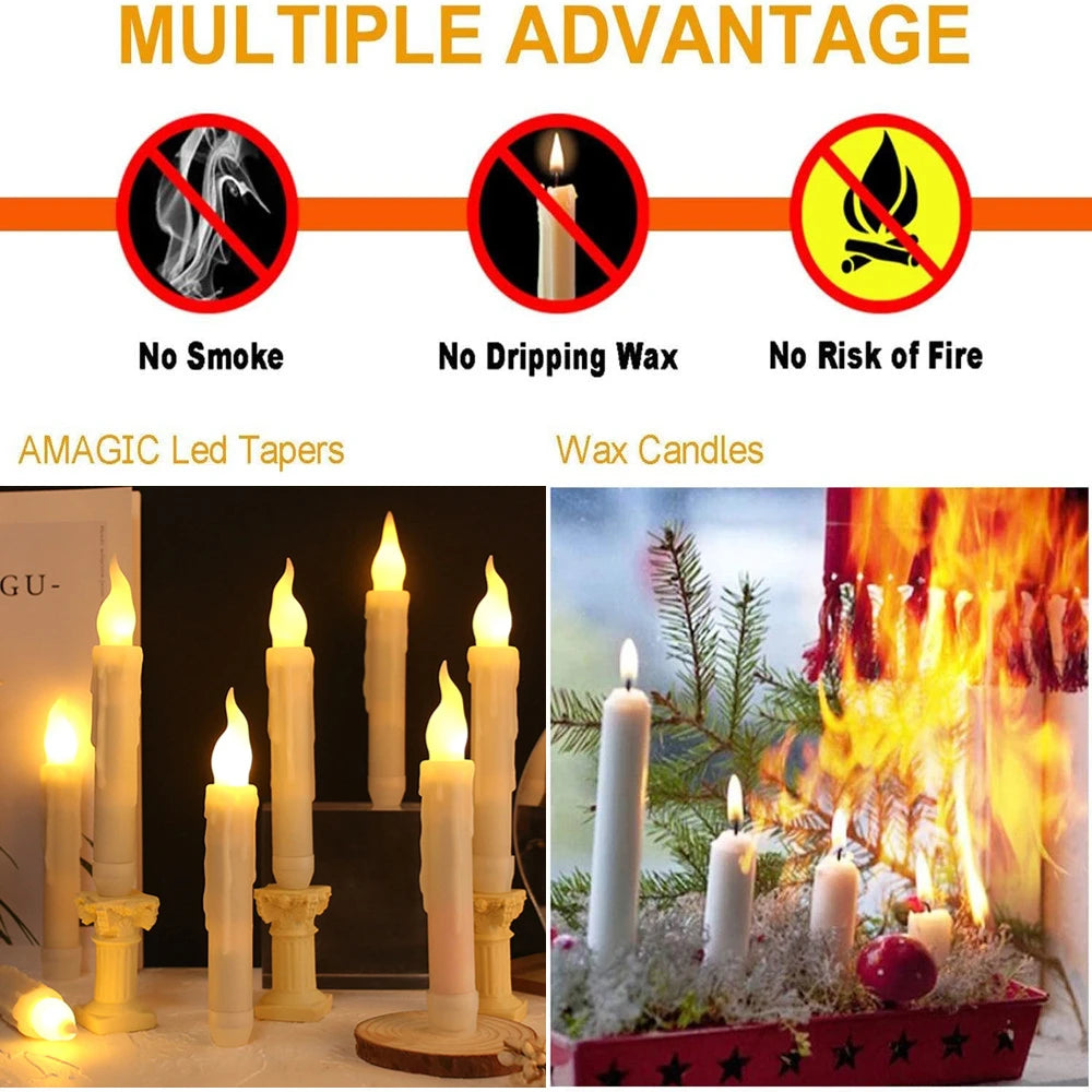 6-24 PCS Set LED White Realistic Round Cylindrical Plastic Flameless Flickering Tall Tapered Handheld Electric Window Candles/Battery: 2-AAA ( Not Included )/ Automatic Timer/1-4 PCS Remote Control