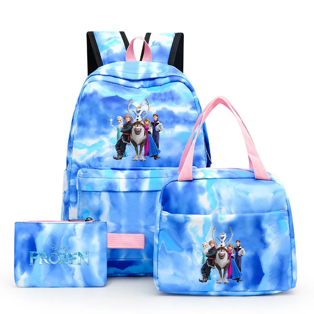 Disney Kids Cute Cartoon Frozen Movie-Elsa-Anna Multicolor Large Waterproof Nylon Fabric Zipper Pockets Shoulder Straps-Handle Single Compartment School Backpacks Sets/ Lunch Bag/Pencil Bag/Colors-Pink/Blue/Multicolor