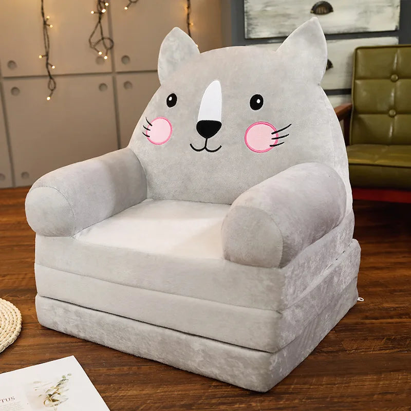 MDNG Modern Kids Customized Upholstered Padding Cute Soft Gray Velvet Fabric Cartoon Animal Faces Folding-Out Play Arm Chairs/Sponge Filling/Colors-Green/Pink/Yellow/Gray/Animals
