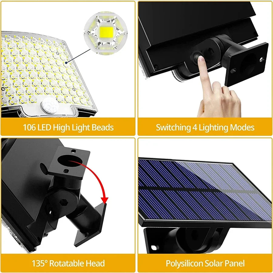 Outdoor Modern Remote Control Weatherproof Durable Plastic Rectangle Black-White Body Dimmable Super Bright 106 LED Adjustable Four-Modes Solar-Powered Split Waterproof Emergency Motion Sensor Wall-Mounted Security Lights