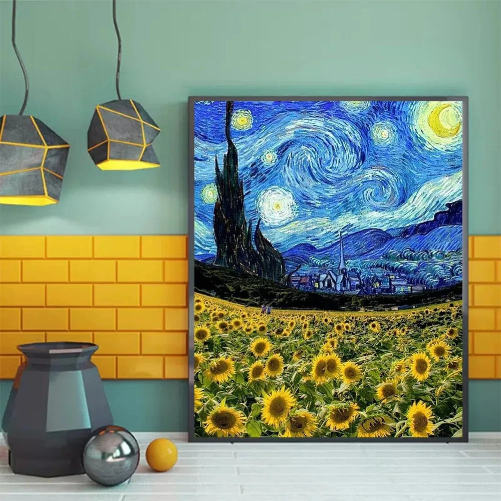No-EN-Name-Null Modern Multicolor Rectangle Unframed Oil Canvas Van Gogh Sunflower Flower-Starry Sky Art Floral Landscape Prints/Colors-Multicolor/Yellow/Blue/White/Floral