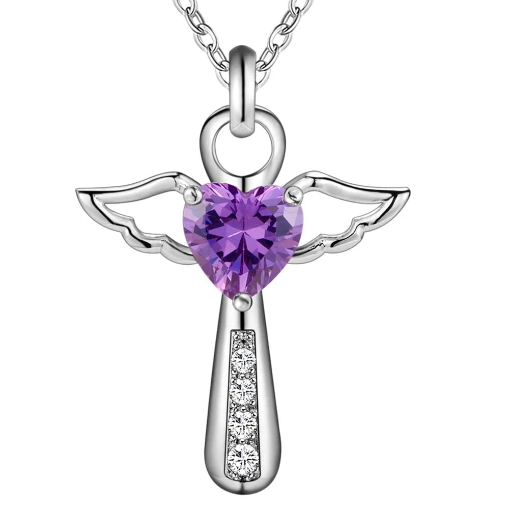 GINSTONELATE Adult Unisex Women Sterling Silver Metal Angel Shaped Purple Crystal Heart Zircon Inlaid Clear White Glass Stones Fine Pendant 18 Inch Rope Chain Necklaces/Colors-Silver/Purple/White
