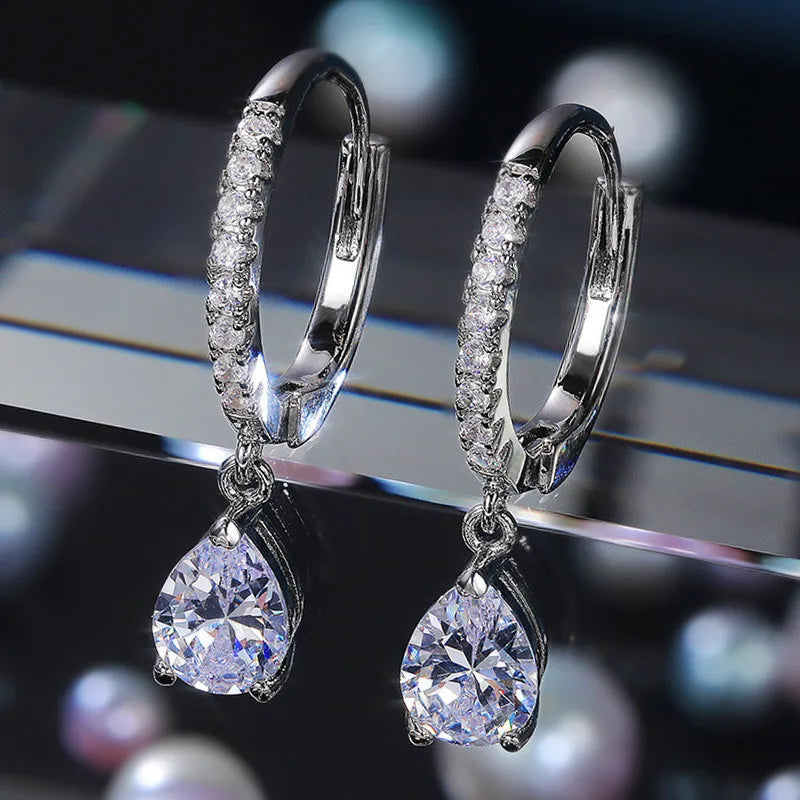MODYLE Adult Women Imitation Cubic Zirconia Clear Diamond Stones Fine Jewelry Geometric Round Shaped Sterling Silver-Plated  Metal Dangle Water Drop Hoop Earrings