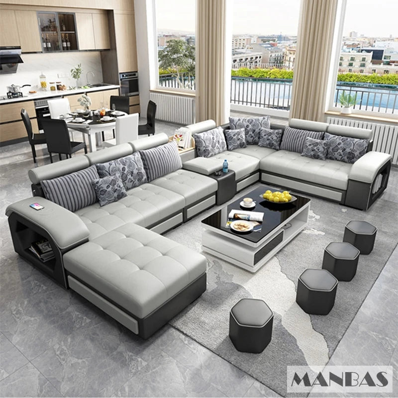 MINGDIBAO Modern U-Shape Medium Soft Firmness Fabric Sectional Sofa Sets/ Size: 240 x 400 x 80cm/ USB Port/Storage/4 Stools/Colors-Blue/Black/Khaki/Grey