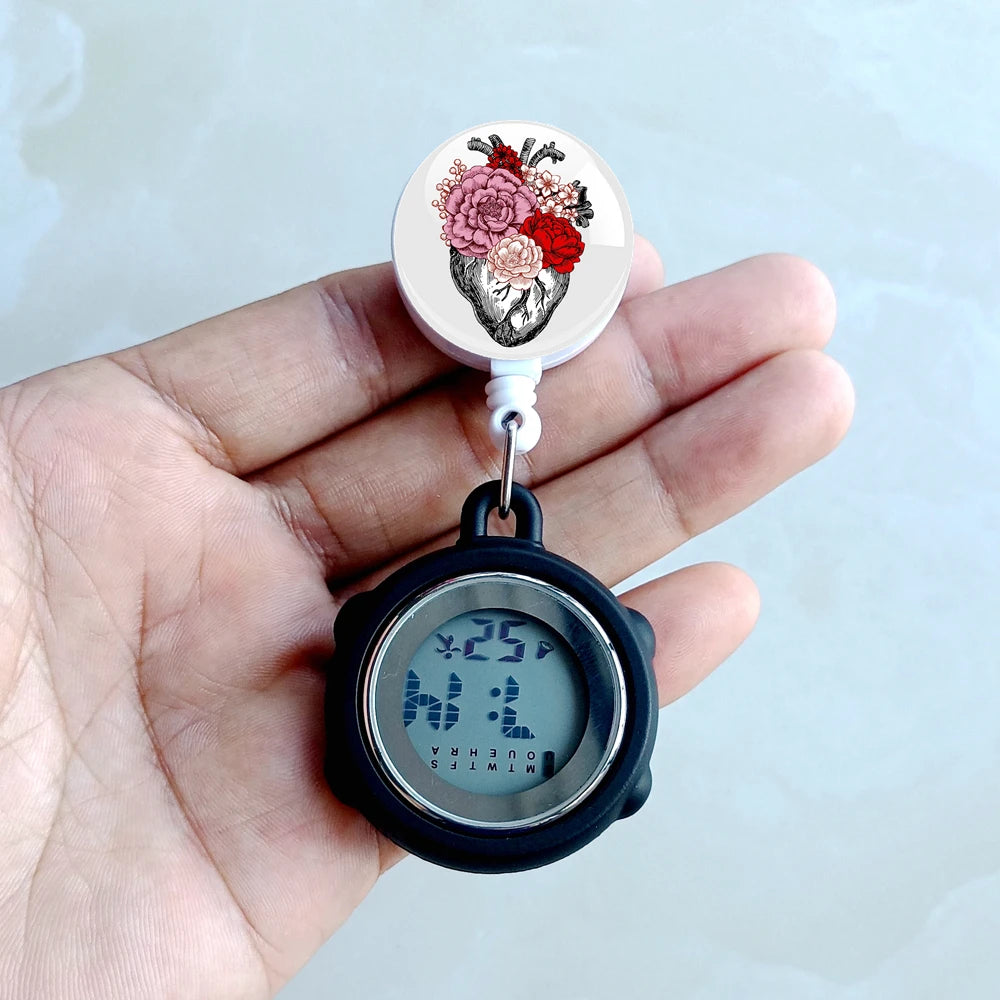 No-EN-Name-Null Waterproof Black Plastic Round Cover Glass Face Digital Display Retractable Printed Floral Anatomical Designs Nurse-Doctor Hanging Metal Alloy Fob Pocket Watches/Colors-Black/White/Pink/Blue