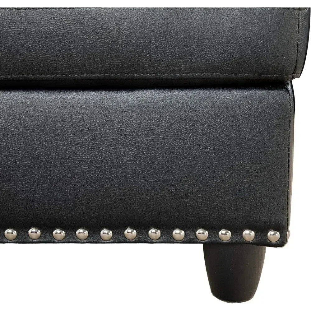 No-EN-Name-Null Modern Black L-Shaped Soft Faux Leather Fabric Cushions Sectional Sofas/ Chaise Lounge/Storage Ottoman/ 2 Cup Holders/Pillows/6-Seater Upholstered Tufting Corner