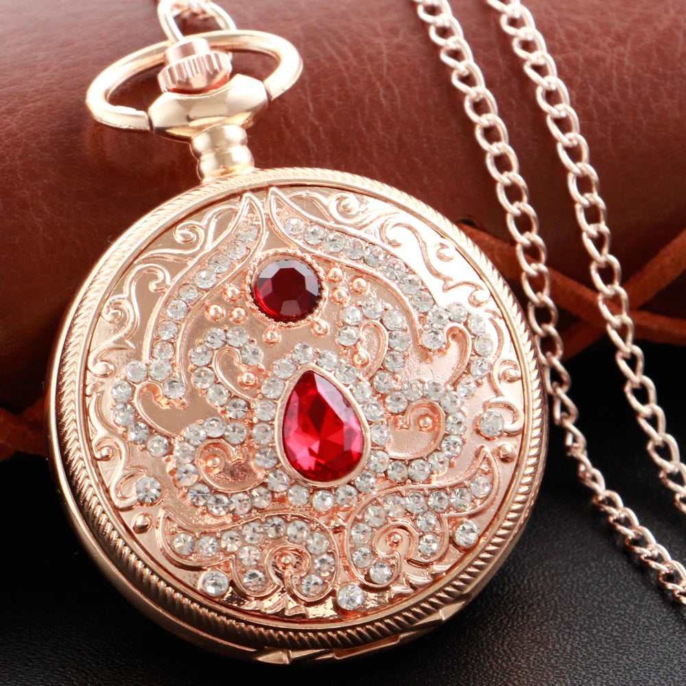 SHUHANG Adults Quartz Analog-Digital Display Gold-Red Ruby Stones On Front-Floral Design On Back Round Shaped Stainless Steel Metal Case Hardlex Face Necklace Chain-Pocket Watches