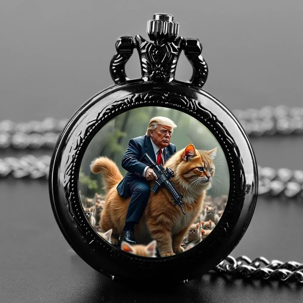 No-EN-Name-Null Adults Antique Quartz Analog Display Acrylic Face Black Metal Alloy Case Humorous Funny Trump Riding Red Tabby Cat-Holding A Automatic Weapon Design Glass Dome Cover The Durable Chain-Pocket Watches/Colors-Gold/Silver/Black/Bronze