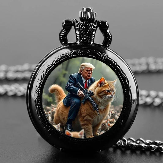 No-EN-Name-Null Adults Antique Quartz Analog Display Acrylic Face Black Metal Alloy Case Humorous Funny Trump Riding Red Tabby Cat-Holding A Automatic Weapon Design Glass Dome Cover The Durable Chain-Pocket Watches/Colors-Gold/Silver/Black/Bronze