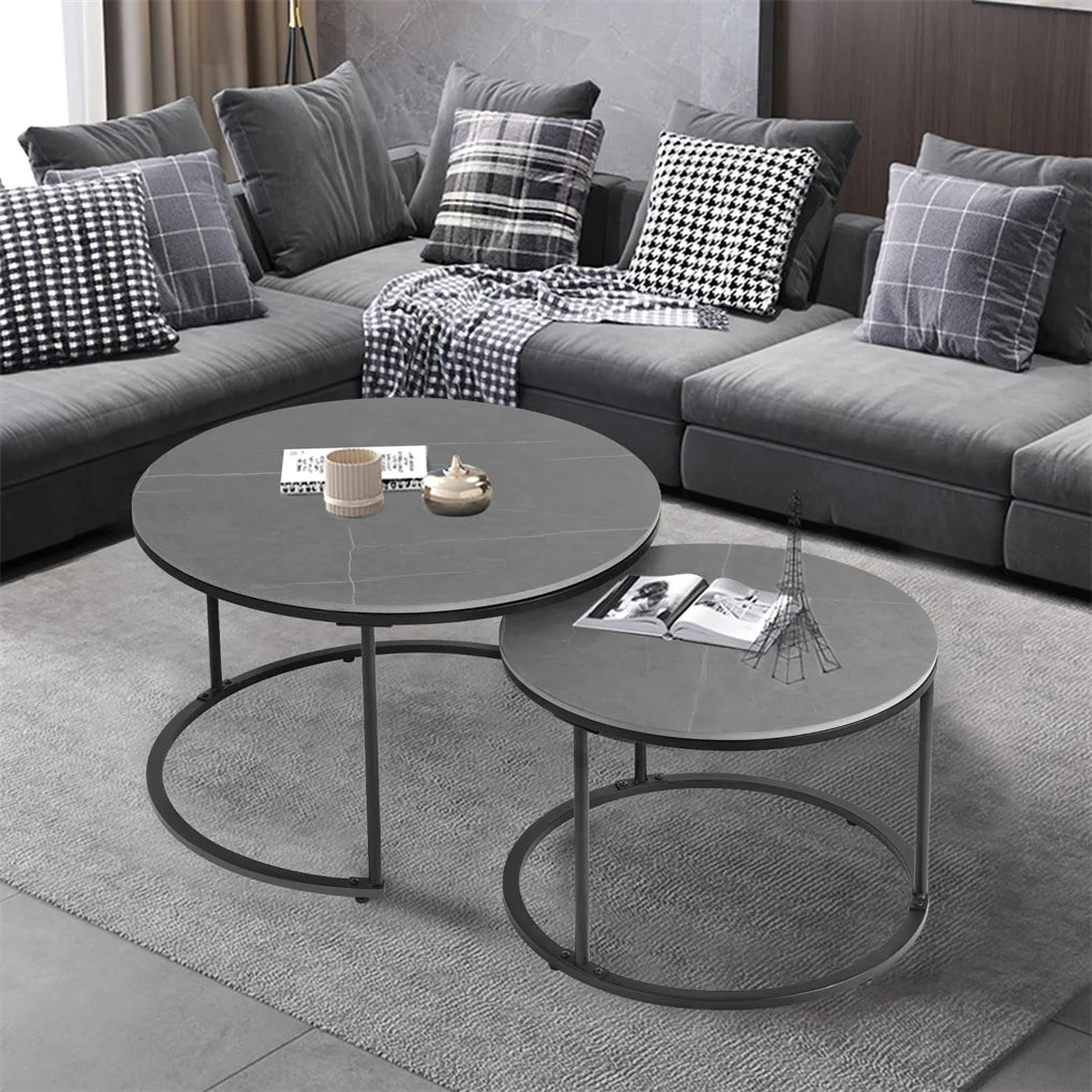 No-EN-Name-Null Modern Round Dark Gray Marble Top Black Iron Metal Base Two Nesting Coffee Tables/Small Table Size: Width 60 cm/23.6 Inches x  Height 40 cm /15.7 Inches/Large Table Size: Width 80 cm /31.5 inches x Height 45 cm /17. 7 inches