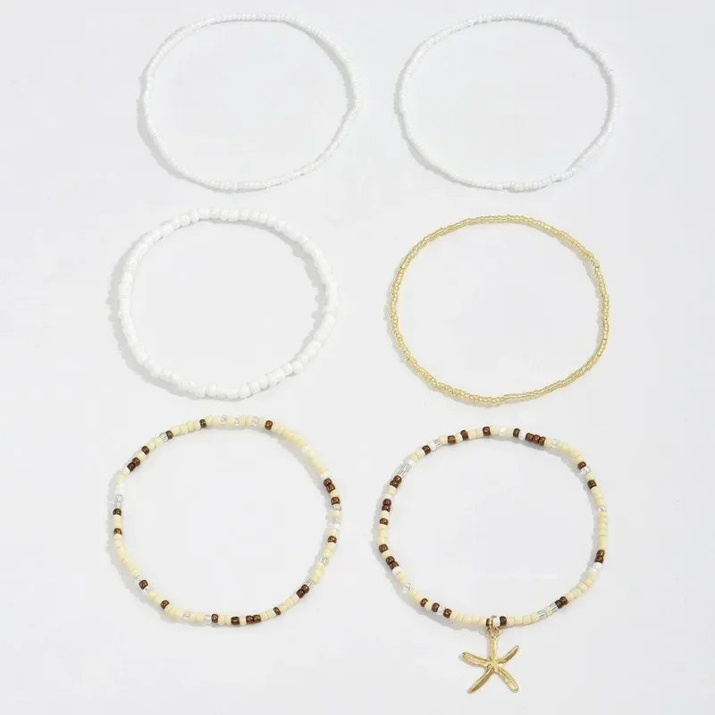No-EN-Name-Null Women Geometric Multilayer Bohemia Acrylic Rice Bead Starfish Pendant Cable Chain Link Anklets/Colors-Brown/Gold/Geometric/Multicolor