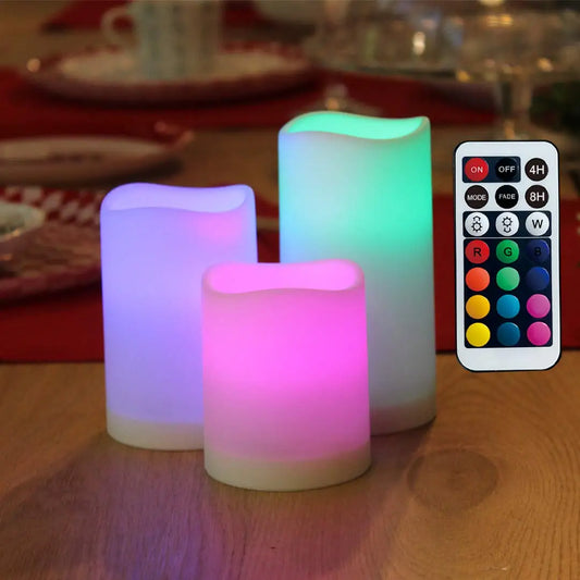 3 PCS Set WRALWAYSLX Plastic Round Flameless LED Adjustable Brightness Flickering Candles/ Remote Control/3-AAA Batteries(Not Included)/Colors-Multicolor/White