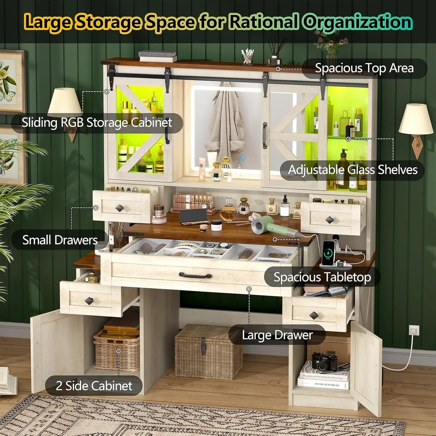 Wood Large White Farmhouse Mirrored LED Lighted Makeup Vanity Desk /Charging Station/2 USB Ports/ 2 AC Outlets/5 Drawers/2 Cabinets/Adjustable Sliding Glass Shelves