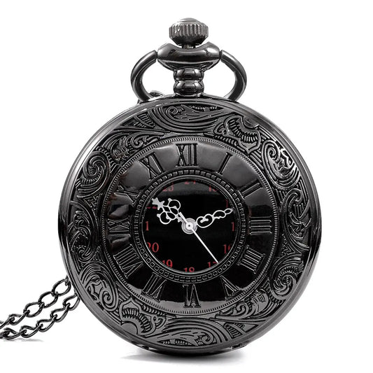 Adults Waterproof Antique Quartz Hallow-Out Black Steampunk Round Shaped Glass Face Stainless Steel Metal Alloy Roman Numeral Chain-Pocket Watches/Colors-Silver/Black/Gold