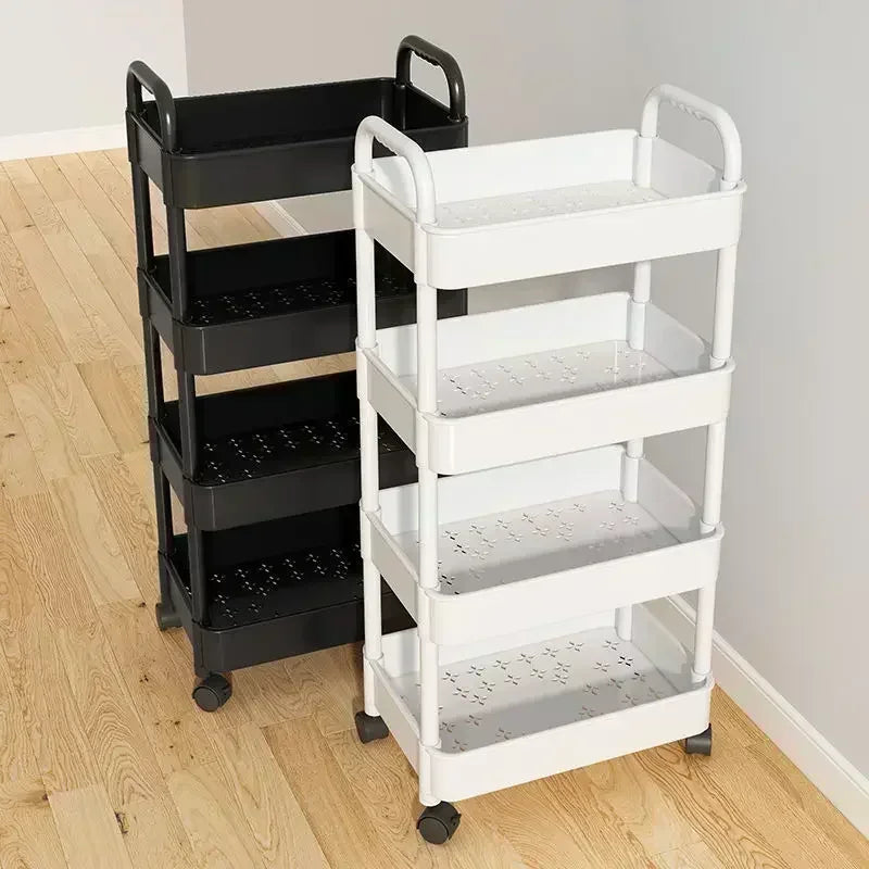 3-5 Tiers Plastic Kitchen Shelves Storage Caddies/4 Wheels/Colors-White/Black