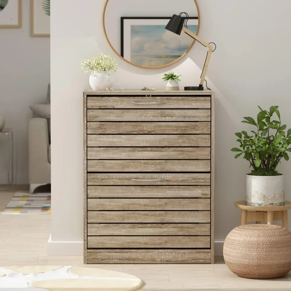 ANGDUO Brown Durable MDF Wood Rectangle Entryway Waterproof Two Flip-Out Drawers-2-Tiers In Each Lockers-Storage Cabinet Shoe Organizers/Assembly Required/ Colors-Brown/White/Gray/Striped/Storage Options/Dimensions : 9.4"D x 22.4"W x 29.5"H/