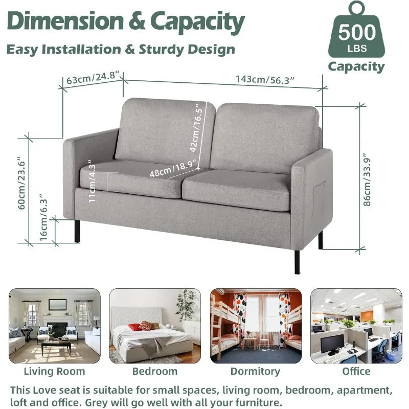 OLOEY Modern Small Two Persons Light Gray Soft Recycled Fine Linen Fabric Round Corners Design Solid Wood Frame Metal Legs Loveseat Sofas/ 2 USB Charging Ports/One-Pocket-Both Side Pockets