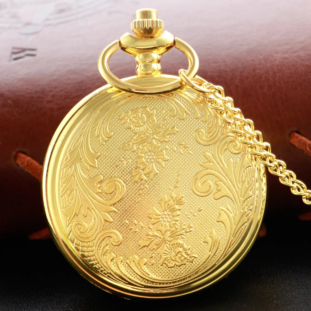 SHUHANG Adults Quartz Analog-Digital Display Gold-Red Ruby Stones On Front-Floral Design On Back Round Shaped Stainless Steel Metal Case Hardlex Face Necklace Chain-Pocket Watches