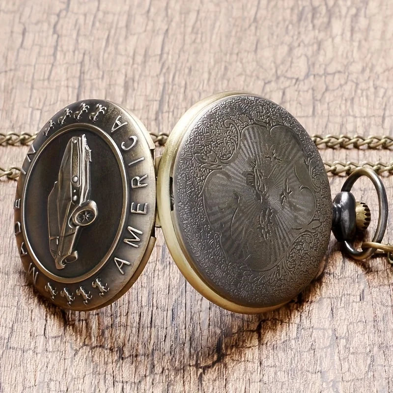 SOXY Adult Men Quartz Analog Display Glass Face Arabic Numeral Stainless Steel Metal Round Shaped Case Bronze Classic Antique Ford Mustang 4 Horses Standing Up Each Side Made In America Design Floral Back Bronze Chain-Pocket Watches