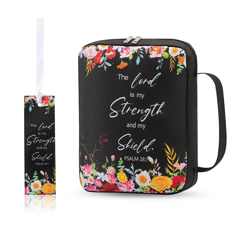 ALL GLORY Soft Handle Blue Floral Design Saying God Is Within Her She Will Not Fall Psalms 46: 5Metal Zippered Internal Pockets Nylon Fabric Polyester Lining Religious Items Bible Cover Cases/Colors-Various Floral Patterns