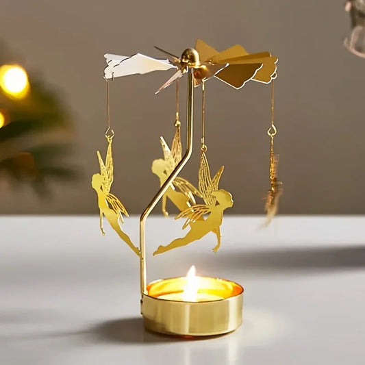 Gold Metal Rotating Fairies Flying Around Small Tealight Round Base Candleholders/No Candle/