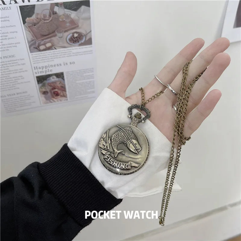 No-EN-Name-Null Adults Antique Quartz Analog-Digital Display Silver-Gold Fisherman Rod-N-Reel Catching A Gold Fish Embossed Text Fishing On Bottom Chain-Pocket Watches/Colors-Yellow/Brown/Orange/Gold/Black/White/Grey/Silver