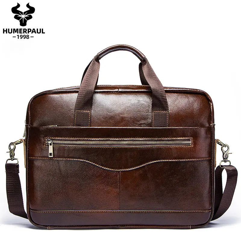 HUMERPAUL Men Modern Brown-Black Rectangle Cowhide Leather Metal Zipper External Pockets Polyester Lining Built-In 15 Inch Laptop Compartment Two Soft Handles-One Shoulder Strap Business Briefcases