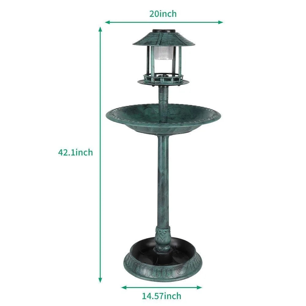 NULL Outdoor Garden Free-Standing Solar-Powered Lights On Top Bronze-Dark Green Round Plastic Weather-Frost Resistant Strong Sturdy Base Resin Bird Baths