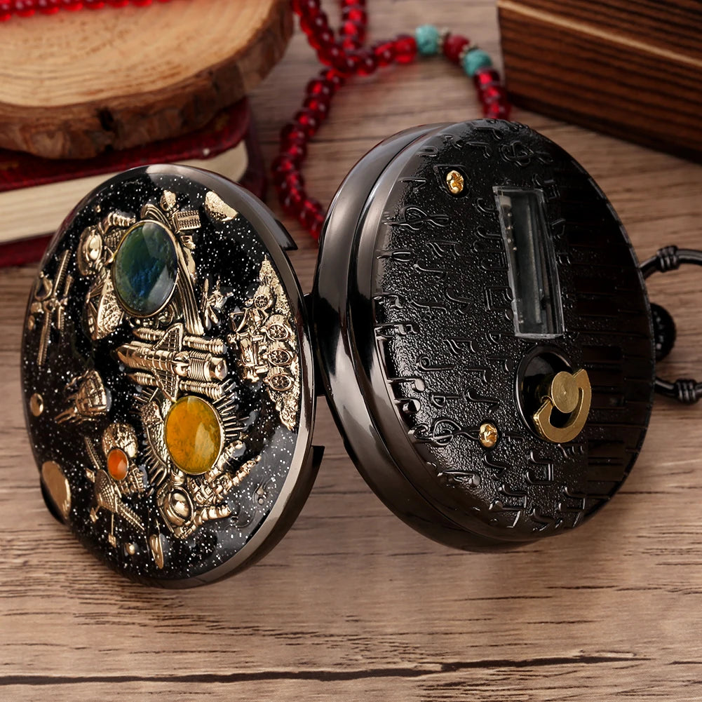 YISUYA Adults Men Quartz Acrylic Face Round Case Analog Display Black Background Gold Planets-Stars-Astronaut-Space Capsule-Shuttle-Satellites-Lunar Roving Vehicle Two Orange-Dark Green Stones Chain-Pocket Watches