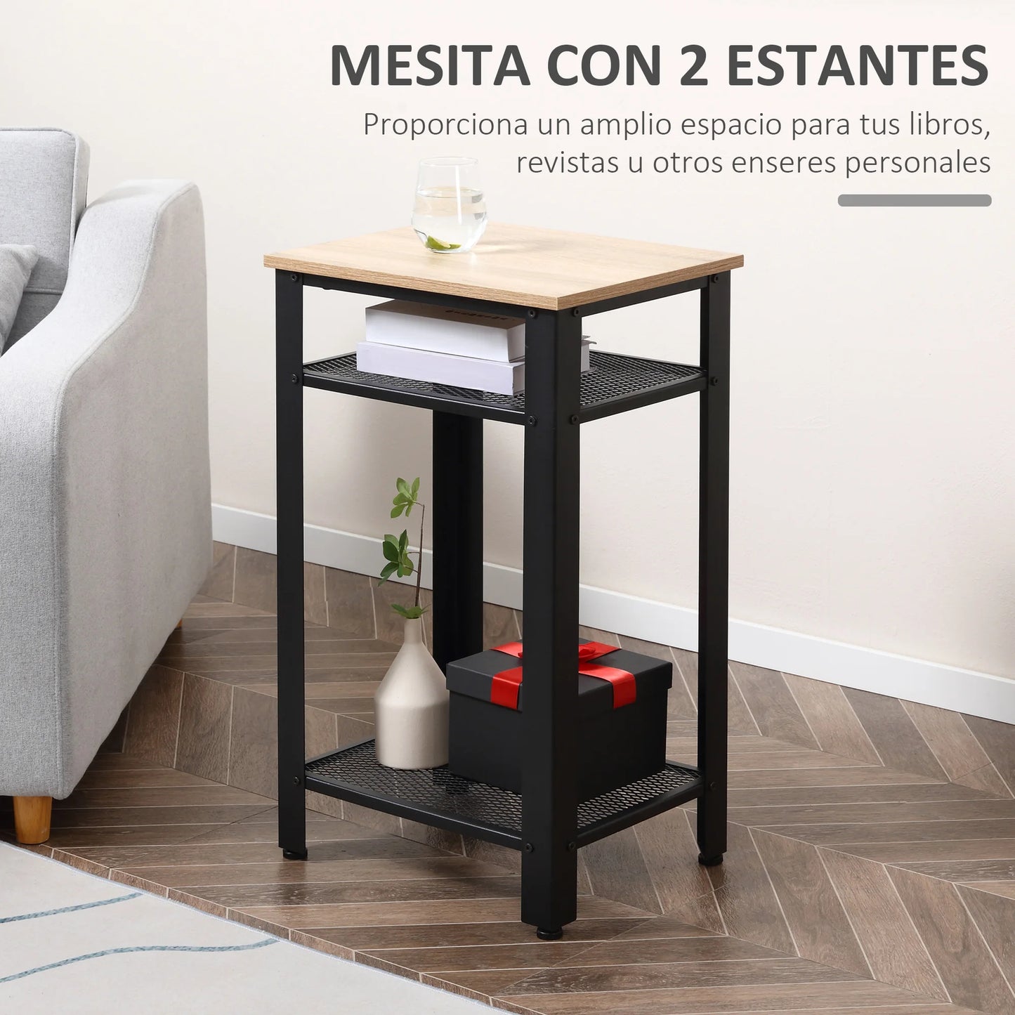 HOMCOM Modern Square Shaped Industrial Melamine Laminated Oak Wood Countertop Two Black Steel Metal Flat Shelves-Four Black Metal Legs Adjustable Feet Side End Tables