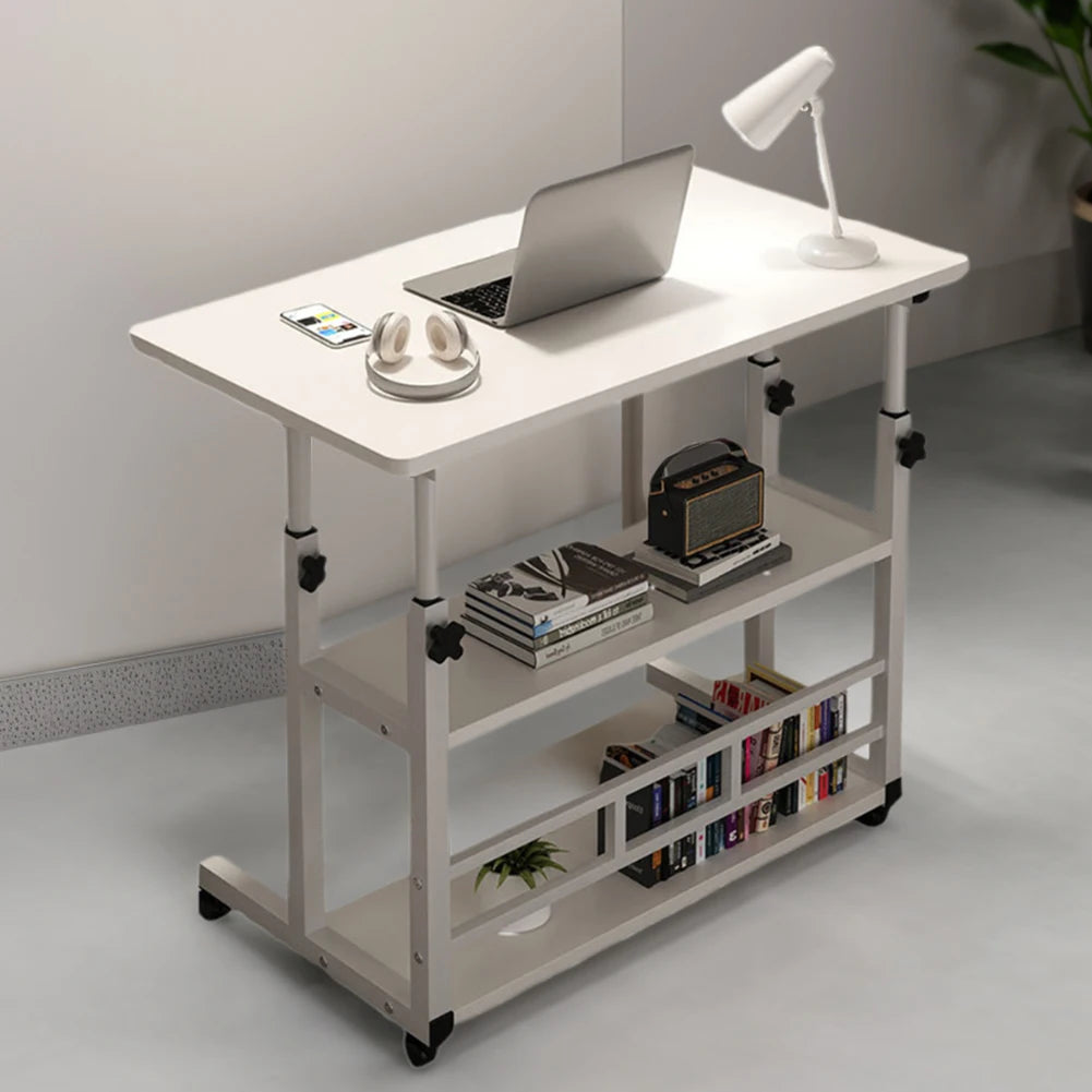 No-EN-Name-Null Modern Adjustable Height Wood Panel High-Gloss Smooth Finish Rectangle Shaped Top Welded Metal Frame Retractable Two Shelves Layers Mobile Bedside Computer Desks/4 Wheels