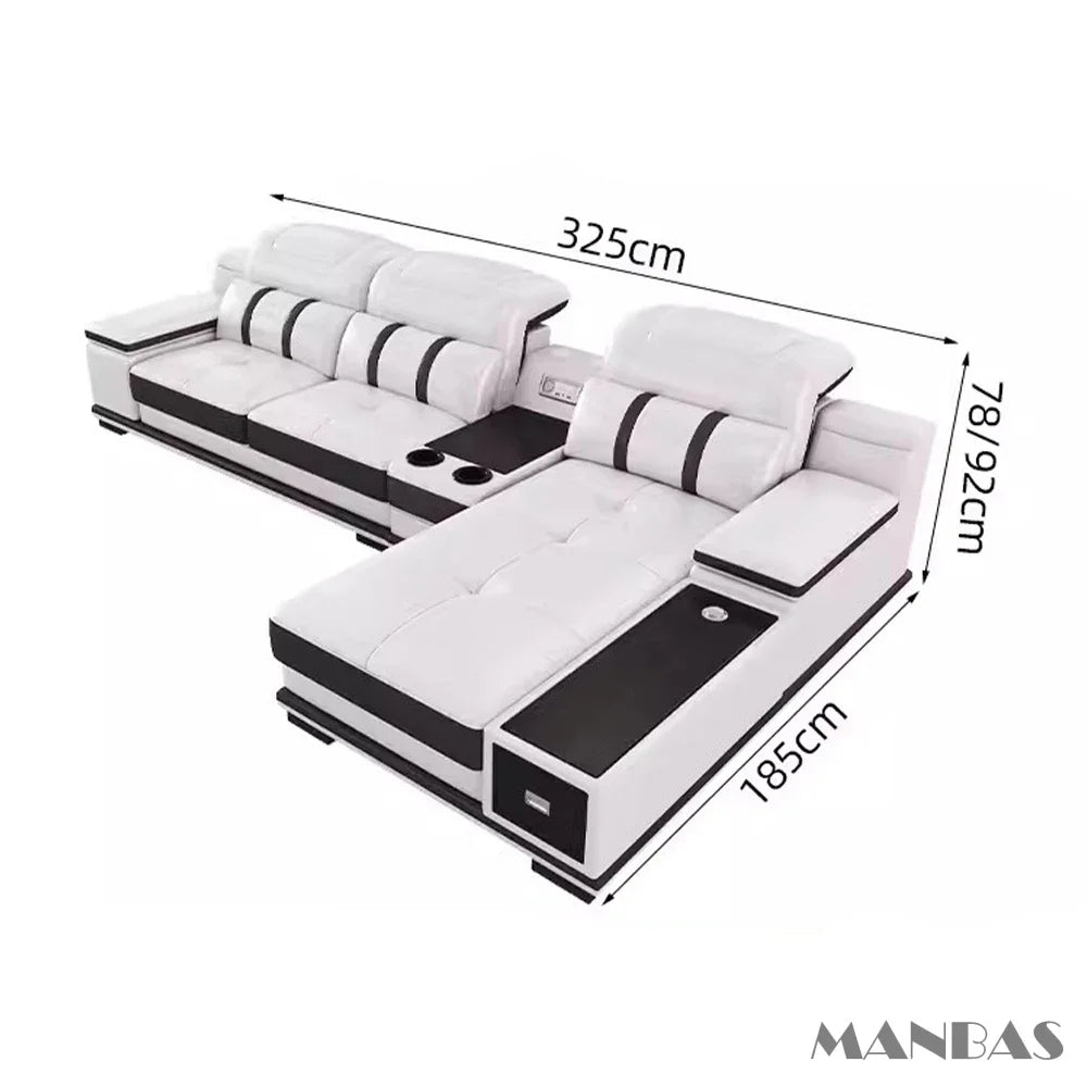 MANBAS Modern Adjustable Headrest L-Shaped White-Black Trim Italian Soft Genuine Leather Cushion Corner Couches/ Bluetooth Speaker/ USB Port/Cup Holder