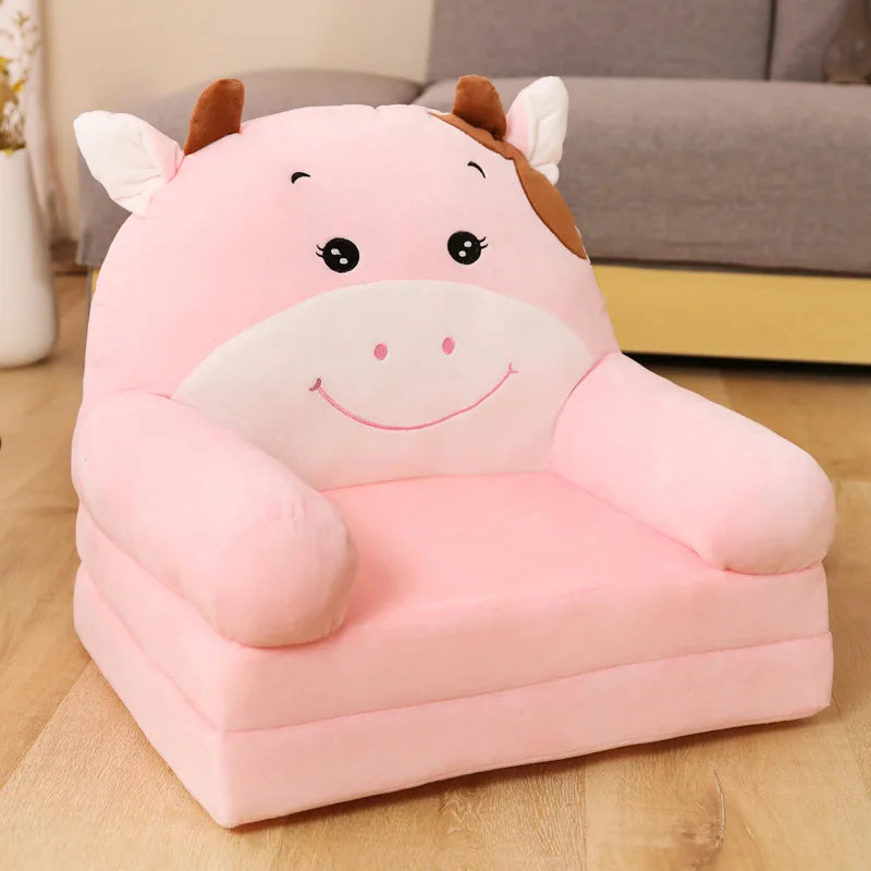 MDNG Modern Kids Customized Upholstered Padding Cute Soft Gray Velvet Fabric Cartoon Animal Faces Folding-Out Play Arm Chairs/Sponge Filling/Colors-Green/Pink/Yellow/Gray/Animals