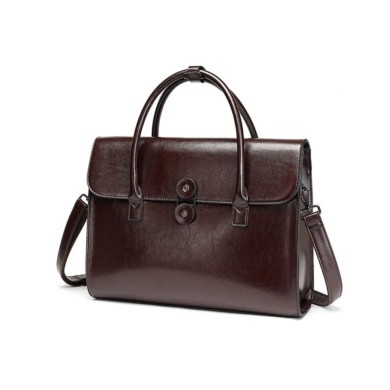 RTRS Women Genuine Brown-Black Cow Leather Built-In 14 Inch Laptop Compartment Internal Padding Hasp Closure Soft Two Carry Handles-Strap Polyester Lining Rectangle Briefcase Handbags/Protective Sleeves Inside/Suitable For 14 Inch Laptop