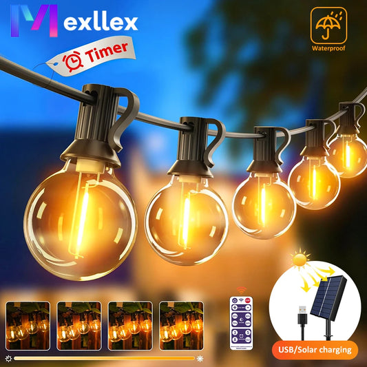 Indoor-Outdoor G40 Waterproof-Shatterproof Globe 8 Light Modes Solar String LED Warm Lights/ Colors-Black Yellow/ White/Multicolor