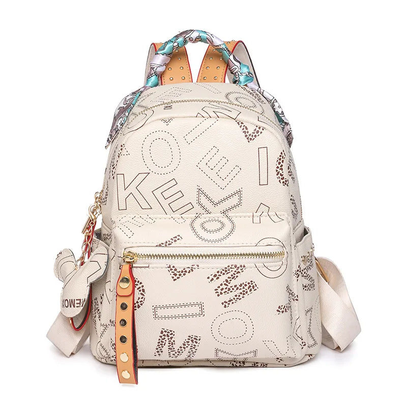 Women Disney's Waterproof Brown Faux Leather Geometric Letter Design Mickey Head Zipper Resin Mesh External Rear Pocket Detachable Straps-Handle Built-In Single 7.9 IPAD Compartment External Frame School Backpacks/Colors-Brown/Beige/Black