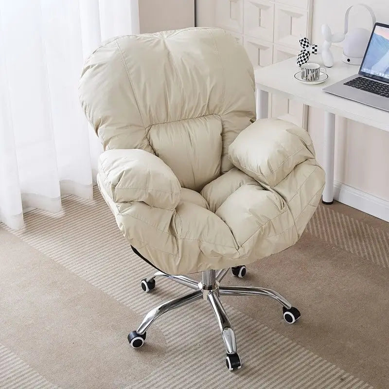 No-EN-Name-Null Mahjong Beige Upholstered Soft Plush Comfortable Fabric Adjustable Rotating Armed Five-Point Metal Four Roller Wheels Base Computer Office Chairs/Pull-Out Footrest/ Colors-Gray/Pink/White/Blue/Beige