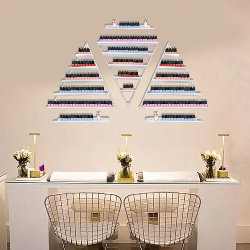 No-EN-Name-Null Modern 5-Tier Structure Round Corners Entire Triangle Shaped White Iron Metal Floating Wall-Mounted Nail Polish Retail Display Props-Models