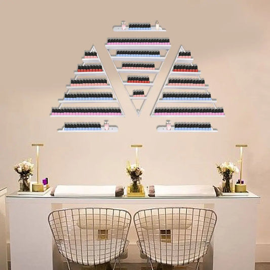 No-EN-Name-Null Modern 5-Tier Structure Round Corners Entire Triangle Shaped White Iron Metal Floating Wall-Mounted Nail Polish Retail Display Props-Models