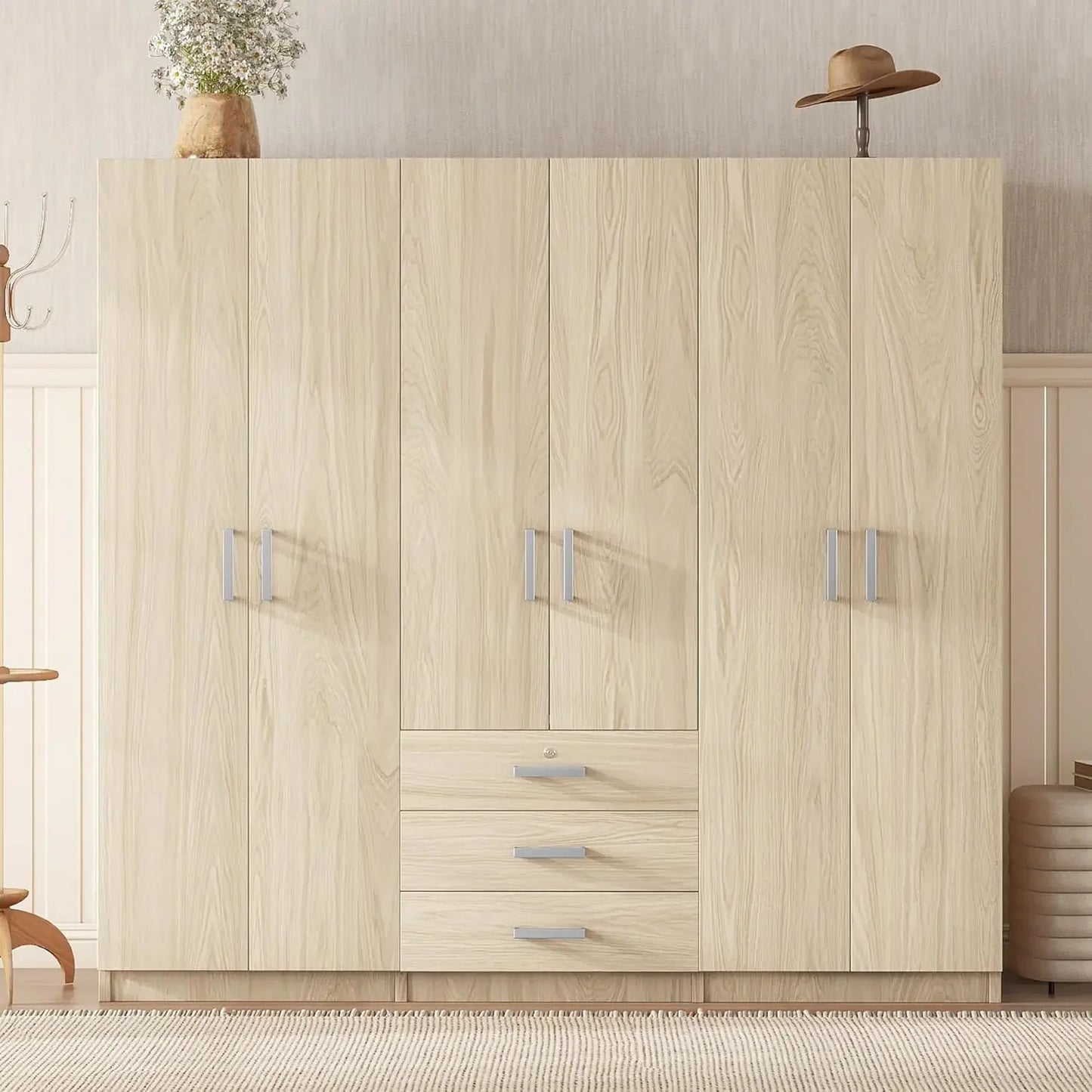 TONGYUE Modern Beige Large Six Doors Three Drawers MDF Wood Triple Wardrobes /Colors-Beige/Brown/White/Gray/ Dimensions: 19.2"D x 70.9"W x 68"H