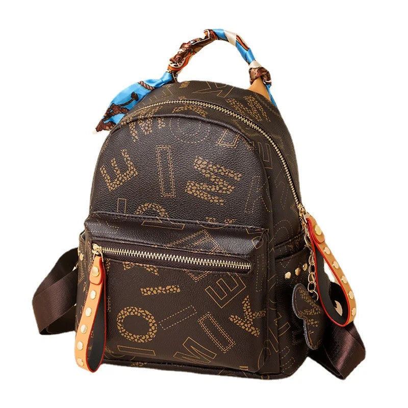 Women Disney's Waterproof Brown Faux Leather Geometric Letter Design Mickey Head Zipper Resin Mesh External Rear Pocket Detachable Straps-Handle Built-In Single 7.9 IPAD Compartment External Frame School Backpacks/Colors-Brown/Beige/Black