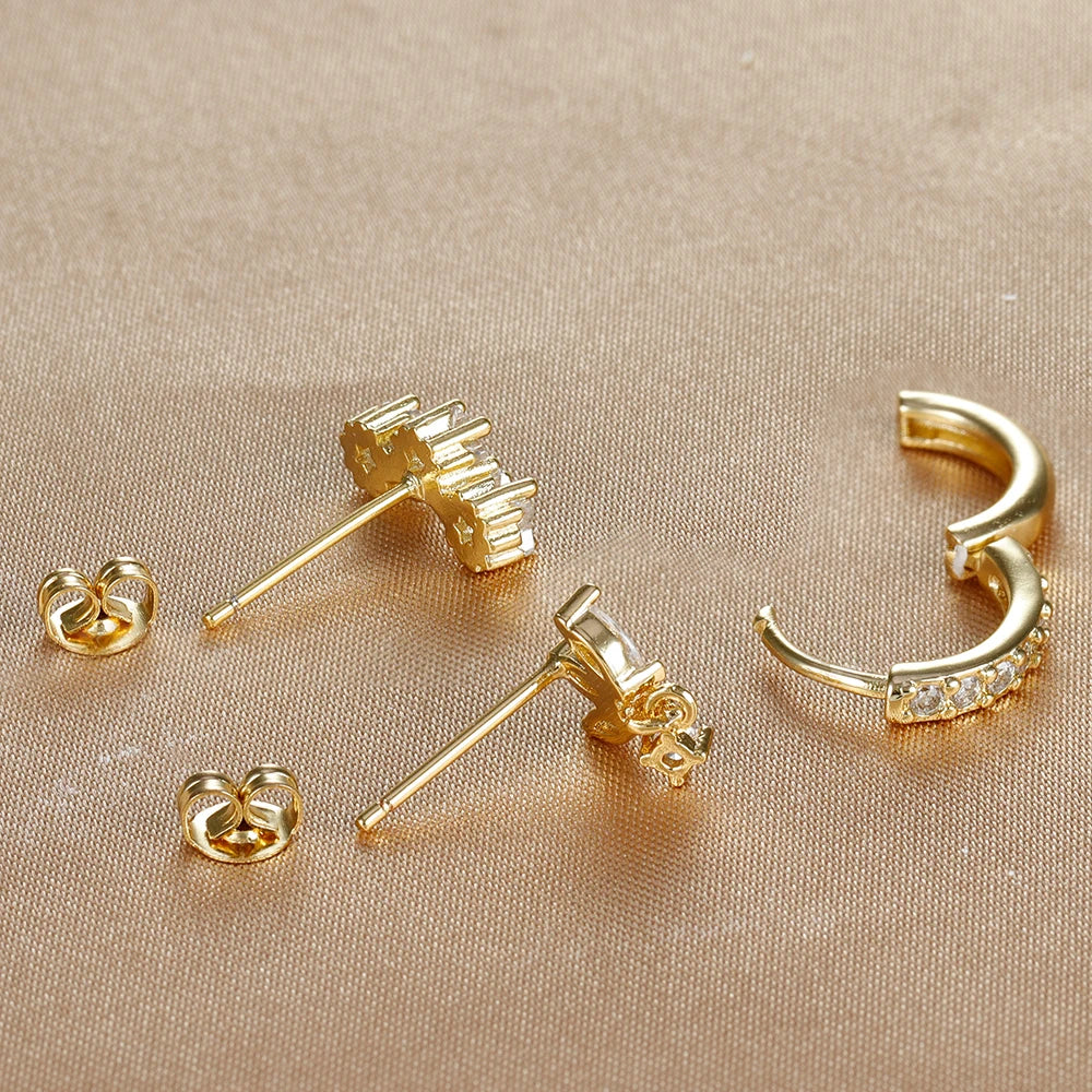 MAODANE 3 PCS Adult Women Fine Imitation Stainless Steel Metal Geometric Gold-Silver-Plated Cubic Zirconia Push-Back Stud Earring Sets