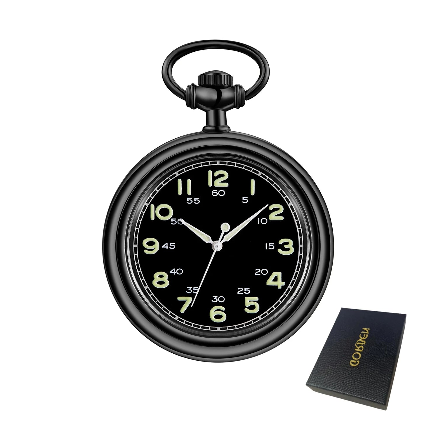 GORBEN Adults Gold Metal Alloy Round Hollow Open Face Arabic Numerals Luminous Hand Wind Black Face Glowing-In-Dark Numbers Pendant Chain-Pocket Watches/Colors-Black/Silver/Gold/Optional: With Wood Box-Without